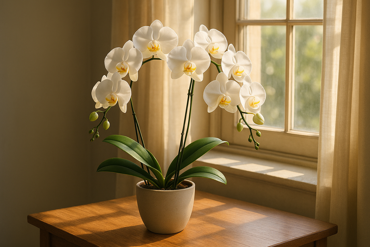 A stunning Elegant Orchid Plant elegantly blooming in a modern indoor setting.