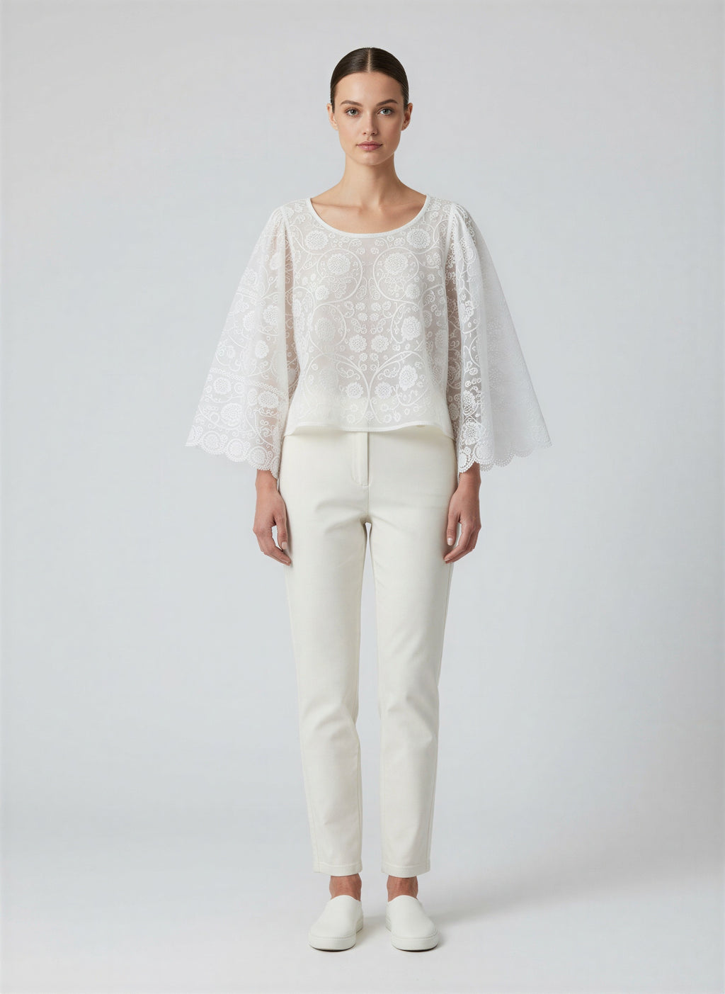 White lace blouse with delicate lacework detailing, elegant lightweight women's top