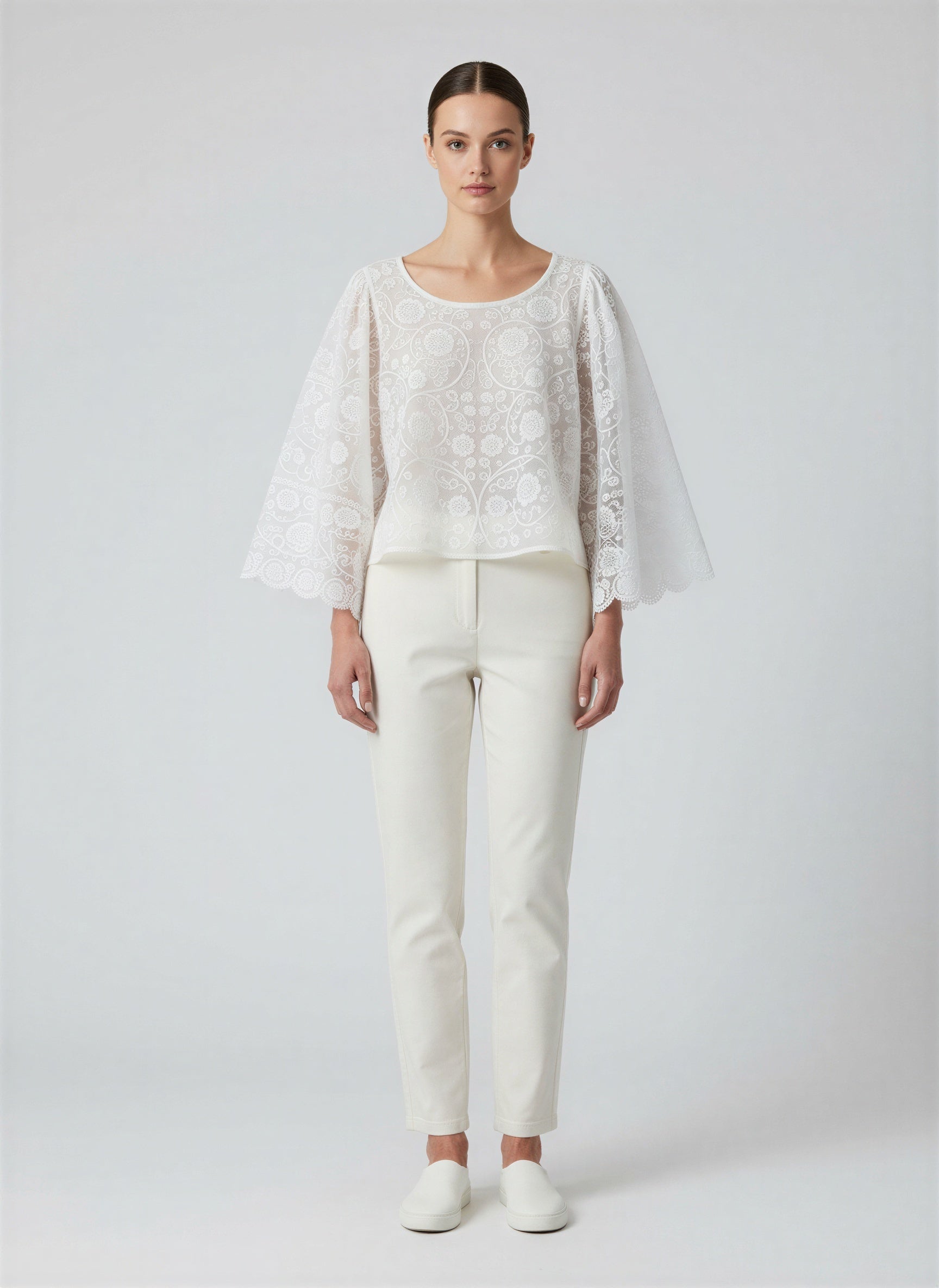 White lace blouse with delicate lacework detailing, elegant lightweight women's top