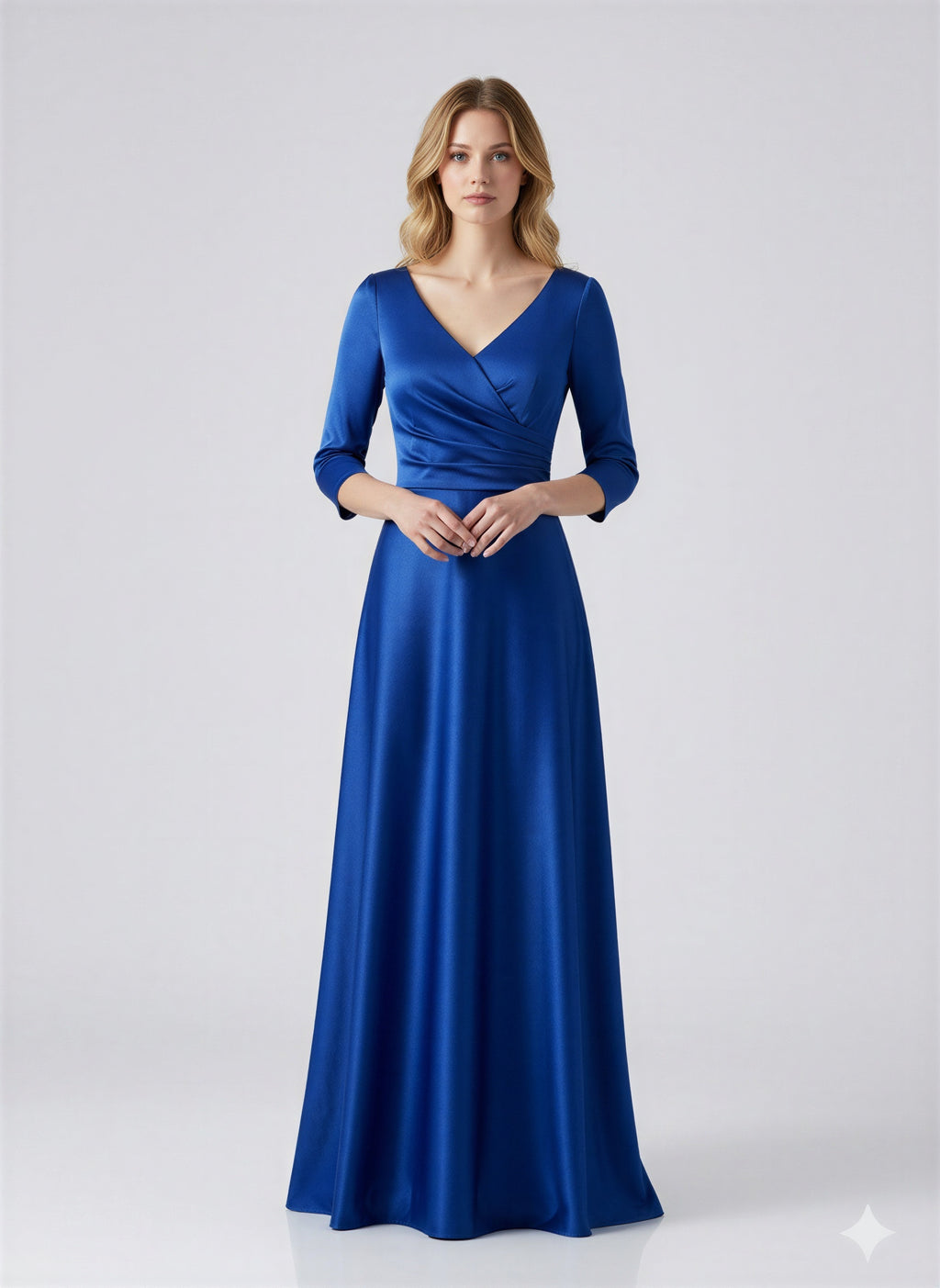 Blue full-length dress displayed in a flowing silhouette, available in small, medium, and large sizes