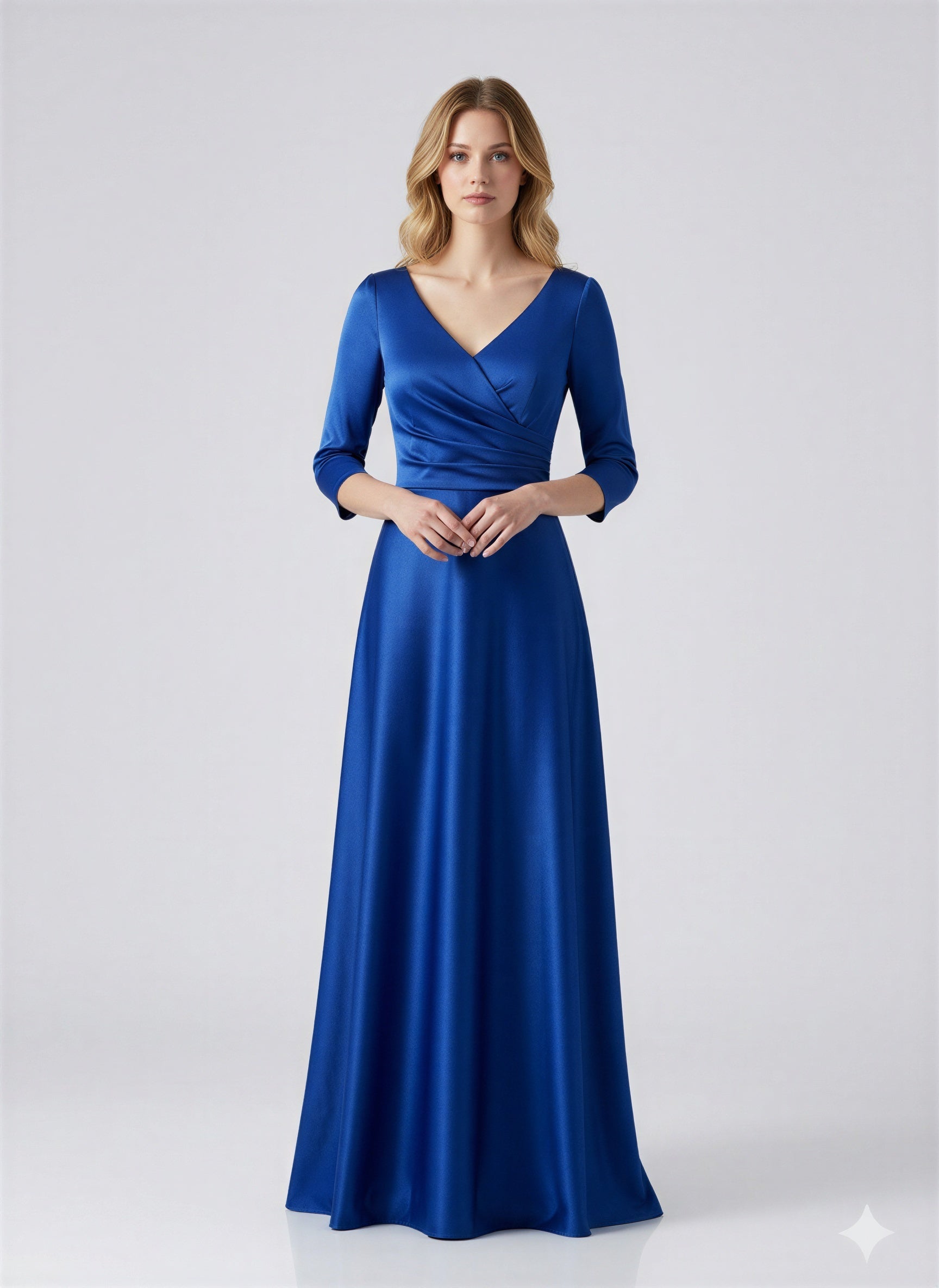 Blue full-length dress displayed in a flowing silhouette, available in small, medium, and large sizes