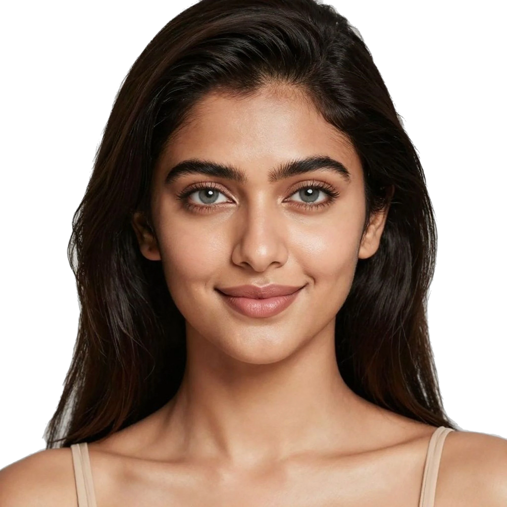 Close-up of a smiling woman with long dark hair, natural makeup, and striking gray eyes. Her skin has a warm, healthy glow.