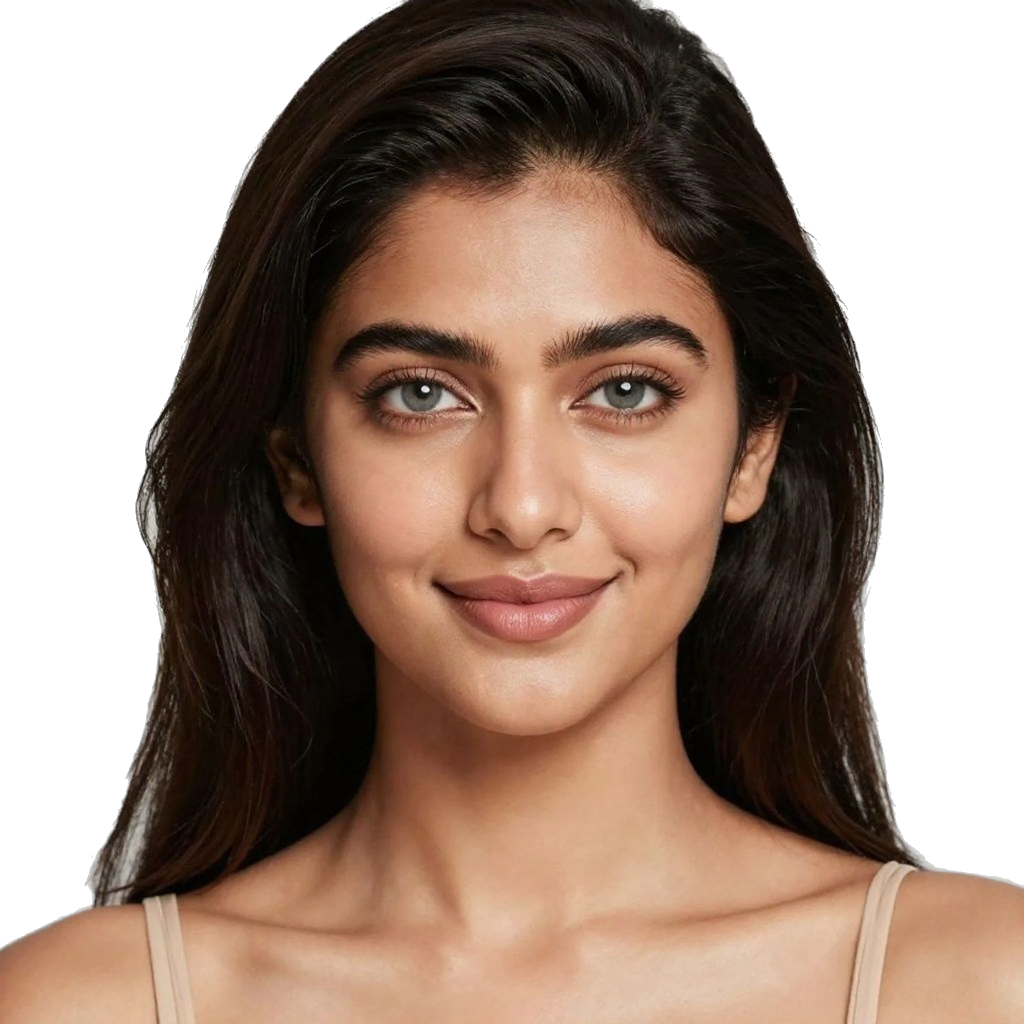 Close-up of a smiling woman with long dark hair, natural makeup, and striking gray eyes. Her skin has a warm, healthy glow.